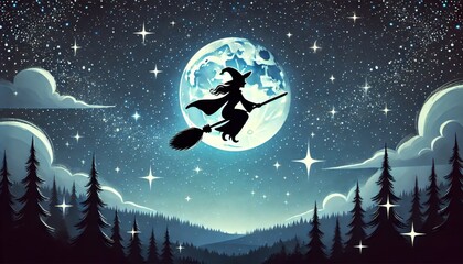 Naklejka premium Halloween Witch Flying Over Moonlit Night Sky.