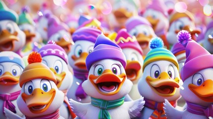 Obraz premium A Crowd of Cheerful Ducks in Winter Hats