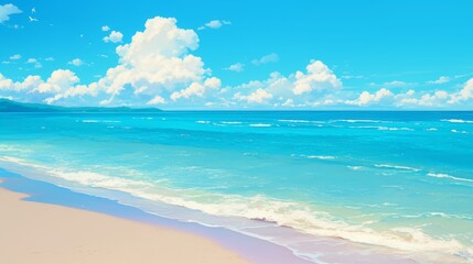 Serene Coastal Haven, an anime-inspired beach scene featuring a minimalist backdrop, gentle waves lapping at the shore, and a tranquil atmosphere filled with open space.