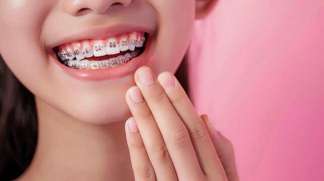 Close-up of a smiling person with braces on teeth against a pink background, showcasing dental health and orthodontic care.