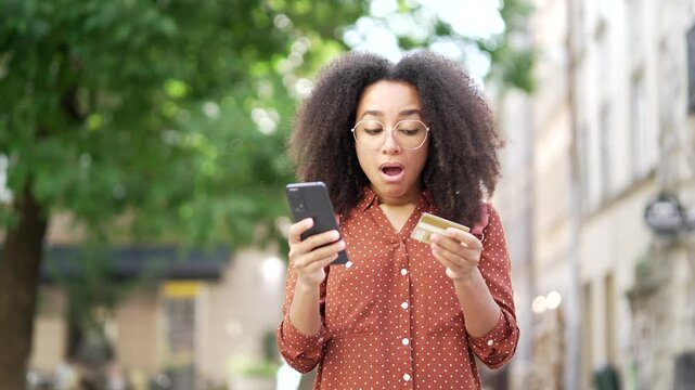 Woman victim of credit card fraud confused and scam with payment, wrong password Female person student or traveler customer tourist with a cellphone mobile phone glitch and error with banking