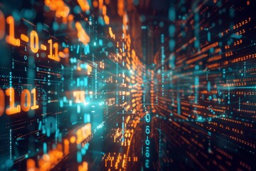 A mesmerizing abstract image of a digital data stream. The binary code flows through a futuristic cyberspace with vibrant orange and blue colors.