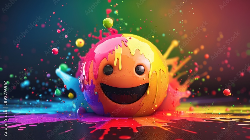 Wall mural smiling yellow emoji in rainbow paint splatter