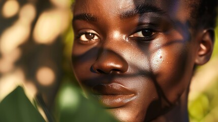 Close-up portrait of a woman with natural lighting and shadows, capturing her serene and confident expression amidst the greenery.