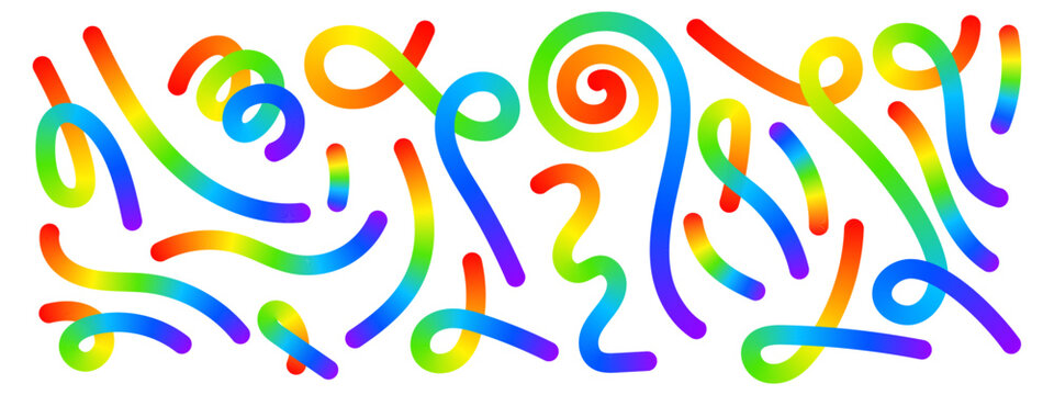 Set of rainbow colored curvy lines isolated on white background. Cool colorful squiggles, stripes, spirals and loops in spline style. Organic doodle figures with gradient effect. Vector illustration.