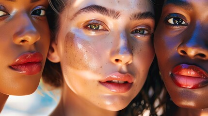 Close-up portrait of three diverse women with radiant skin and vibrant makeup, showcasing natural beauty and diversity.