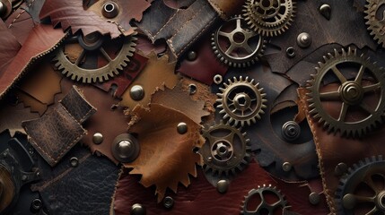 Artisanal Fusion Abstract Leather Swatches and Metal Gears in Industrial Harmony