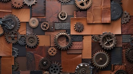 Artisanal Fusion Abstract Leather Swatches and Metal Gears in Industrial Harmony