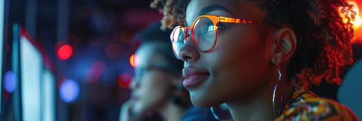 Obraz premium Focused woman wearing glasses working on a computer in a dimly lit room with a colorful, high-tech atmosphere.