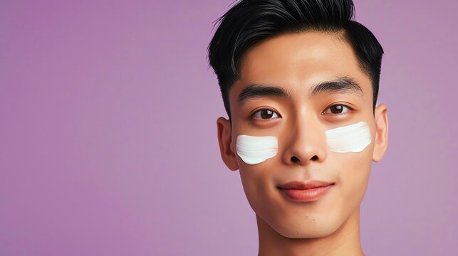 Portrait of a young man with undereye patches against a purple background, promoting skincare and self-care routines. - Powered by Adobe