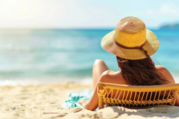 A serene beachfront view of a woman relaxing in a sun chair, enjoying the calming ocean waves and sunny weather.