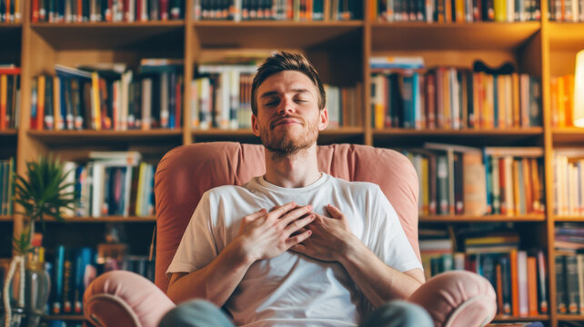 A relaxed man enjoys a peaceful moment in an armchair, surrounded by shelves filled with books, radiating calm and serenity.