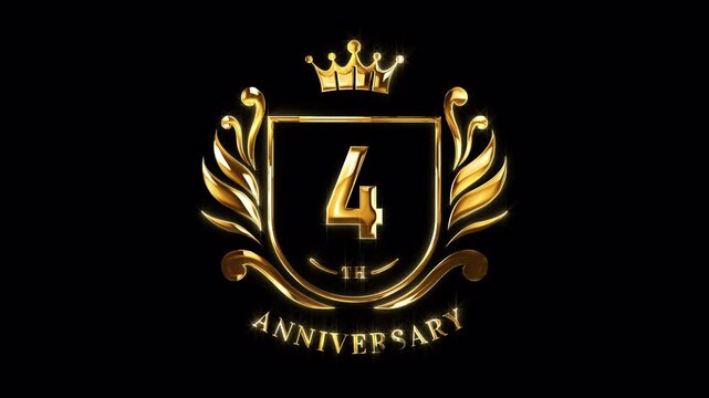 4th Anniversary Celebration. Happy 4 Years Anniversary Animation in Gold Color on the Transparent Background, Alpha Channel. Great for greetings, celebrations, events, and gifts.