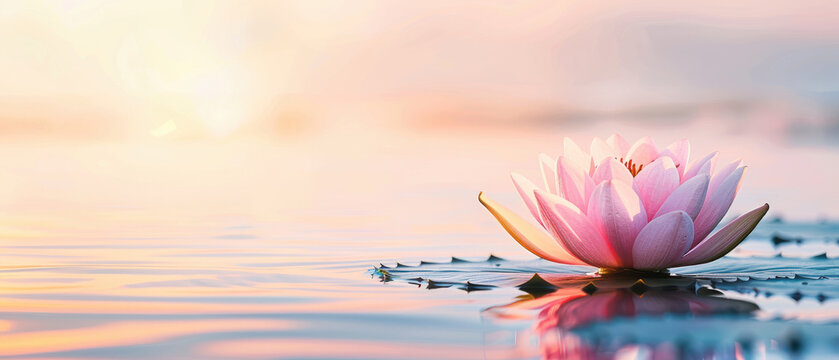 A serene pink lotus flower floating gently on calm water, illuminated by soft sunlight, creating a tranquil and peaceful atmosphere.