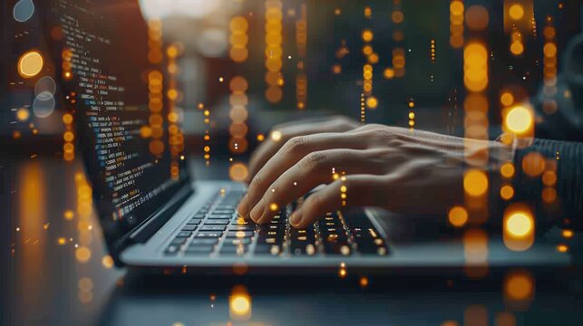 Close-up of hands typing on a laptop keyboard with glowing data streams, emphasizing coding and technology in a digital environment.