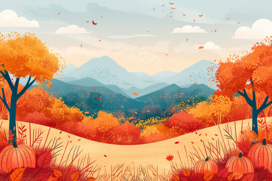 Vector graphics of a fall harvest festival with pumpkins, apples and hay bales. Stylized sunset and hills in warm autumn colors. rural autumn landscape in vector style