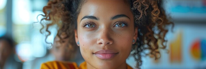 Close-up portrait of a thoughtful young woman with curly hair, looking forward with a hopeful expression in an indoor setting.