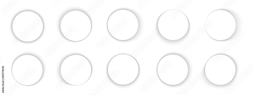 Fototapete Set of round shadows. Circle soft overlay effect. Empty circular shades on floor or wall. Rounded shapes with dark gradient borders isolated on white background. Vector realistic illustration.