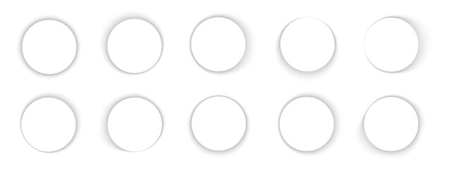 Set of round shadows. Circle soft overlay effect. Empty circular shades on floor or wall. Rounded shapes with dark gradient borders isolated on white background. Vector realistic illustration.
