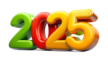 Colorful 3D 2025 numbers in glossy plastic style. Vibrant design for New Year celebrations. Isolated image