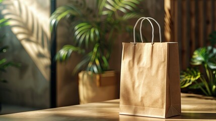 A Brown Paper Bag Stands On A Wooden Table With Sunlight Streaming Through A Window