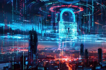 A futuristic city with glowing skyscrapers and a large digital lock protecting the city. The concept of cybersecurity in the digital world is depicted in the illustration.