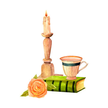 recommend clip art: A stack of antique old books green and brown, reading, marble candlestick and rose flower vintage watercolor illustration for stickers, travel advertising, retro flyers and postcards, scrapbooking