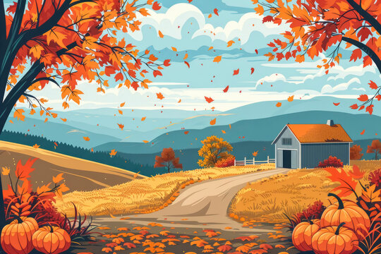 Vector graphics of a fall harvest festival with pumpkins, apples and hay bales. Stylized sunset and hills in warm autumn colors. rural autumn landscape in vector style