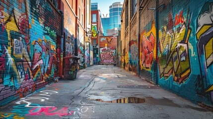 Naklejka premium Vibrant Urban Canvas Graffiti Murals Infusing Creativity and Street Culture into Cityscape