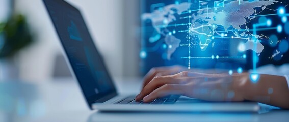hands typing on an open laptop, with digital maps and graphs overlaying the screen in soft blue tones.