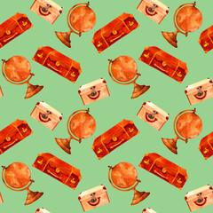 Antique travel luggage bags and earth globe. Old-fahioned vintage watercolor clip art. Seamless pattern in retro style for prints on wallpaper, textiles, diy, scrapbooking for packaging