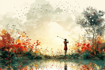 Fototapeta premium Watercolor of a golfer taking a swing on a lush fairway