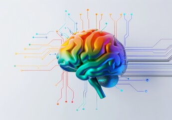 A colorful brain made of gears and cogs, with blue wires connecting different parts