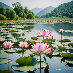 Paisaje natural con un lago nen&uacute;fares y flores de loto