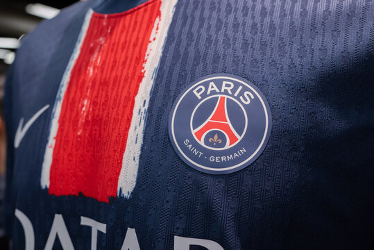 Close-Up on Logo of PSG Paris Saint Germain football club on an official 2020 jerseys