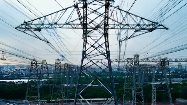 Electricity transmission towers with orange glowing wires the starry night sky. Energy infrastructure concept, energy, electricity, voltage, supply