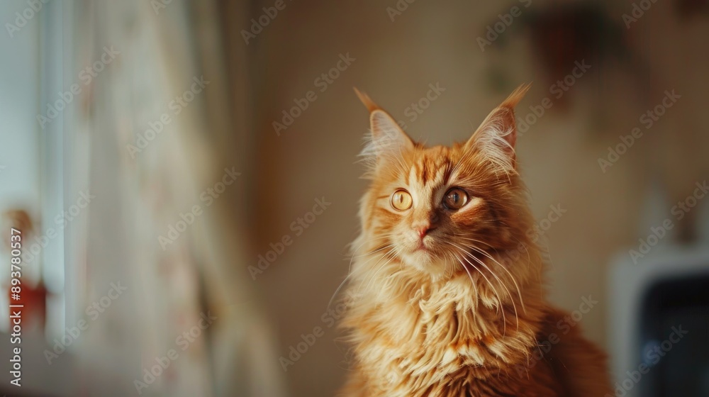 Poster Amusing cat with red fur gazes at the camera at home Cute pets Blank area for text