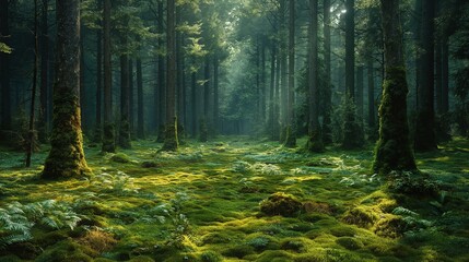 Obraz premium Misty Forest with Sunlight, Serene Woodland Scene, Nature Background