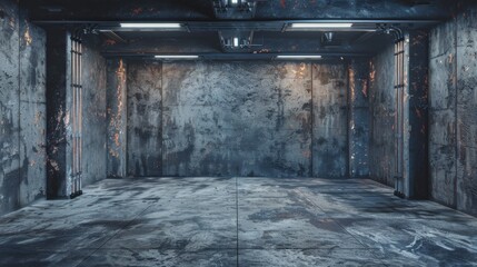 A dimly lit concrete room with rusty pipes and overhead lights