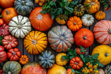 ..A vibrant array of pumpkins in various hues of orange, yellow, green, and white, piled together against a rustic wooden backdrop.
