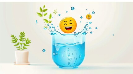Smiling Emoji Splashing in a Glass of Water