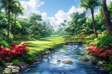 Watercolor painting of a tranquil golf course with a small stream and rustic wooden bridge