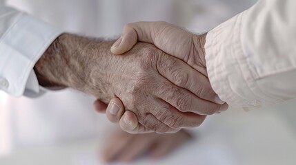 Fototapeta premium High angle shot of professional man completing a client agreement, top-down view, deal paperwork on desk, close-up of hands shaking hands.