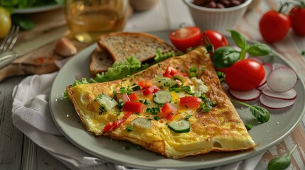 A romantic photograph of a heart-shaped omelette, filled with fresh vegetables and cheese