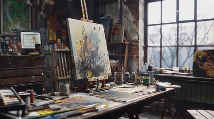Creative Chaos Vibrant Art Studio with Paint Brushes and Splatters Inspiring Workspace for Artists