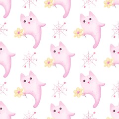 Cute halloween watercolor seamless design.Children’s ghost print.Colored pumpkins.Happy Halloween 