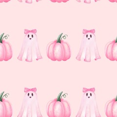 Cute halloween watercolor seamless design.Children’s ghost print.Colored pumpkins.Happy Halloween 