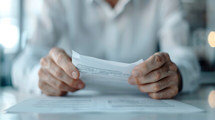 Macro close-up shot of hands, front view, reviewing tenant lease agreements, intense focus on documents, soft-focus property rental office environment.