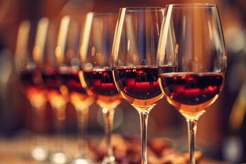 Close up of a row of glasses of red wine on a table during a wine tasting