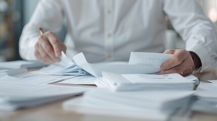 Fototapeta premium Top view of professional man managing project documentation, soft-focus meeting room, close-up shot, project folders and plans.